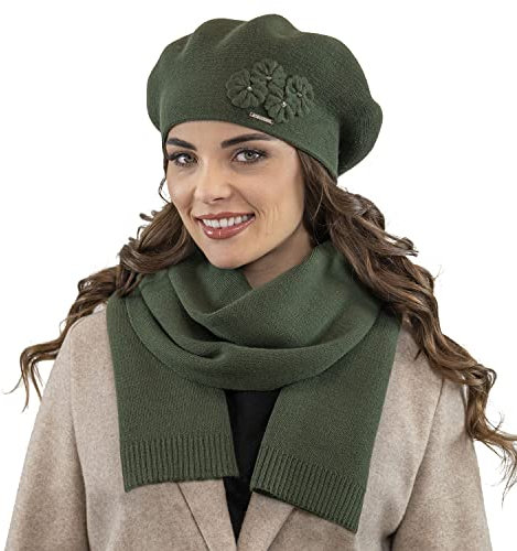 VIVISENCE Damen Baskenmütze Eleganter Wintermütze Und Schal Set Warm Kopfbedeckung Und Halsbedeckung An Winter Und Herbst Warm Dick, Winterset Für Frauen, Hergestellt In EU, Grün