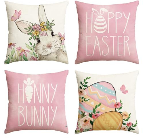 Artoid Mode Happy Easter Honny Bunny Hase Blumen Ostereier Ostern Kissenbezüge 4er Set, 45x45 cm Frühling Zierkissenbezug Couch Wohnzimmer Deko