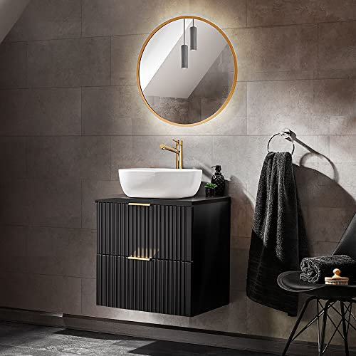 Lomadox Waschplatz Set mit 61cm Waschtisch mit Aufsatzwaschbecken und rundem Spiegel, matt schwarz gerillt, B/H/T ca. 60,6/200/46,5 cm