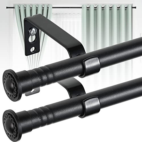 Harrms 2pcs Curtain Poles for Eyelet Curtains, 16mm Matt Black Voile Curtain Pole 76-188cm, Curtain Rod Metal with Adjustable Brackets and Cap Finials for Bedroom, Living Room