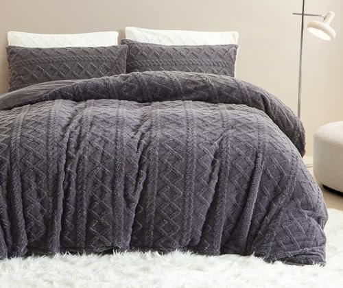 AShanlan Flanell Bettwäsche 220x240 Dunkelgrau Winter Warme Flauschig Biber Bettbezug 3 Teilig Superweich Fleece Samt Deckenbezug mit Reißverschluss und Kissenbezug 80x80 cm