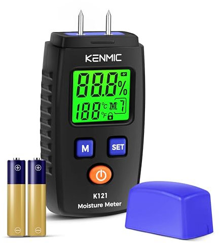 KENMIC Testeur Humidité, Testeur d'Humidité Bois avec Écran LCD Rétroéclairé, Détecteur d'Humidité à Broche avec 7 Modes pour Murs, Bois, Bois de Chauffage, Plâtre et Matériaux de Construction