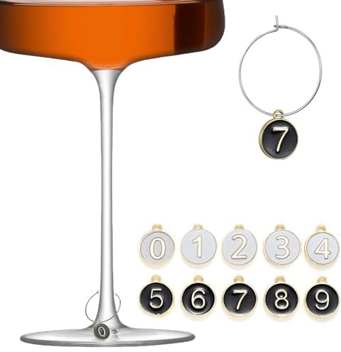 Ieron Glass Markers for Drinks, Number Tags with Ring 0-9, Wine Glass Charms Metal Identification for Stem Glasses Drinking Charms Pendants for Party Decorations (White Black)