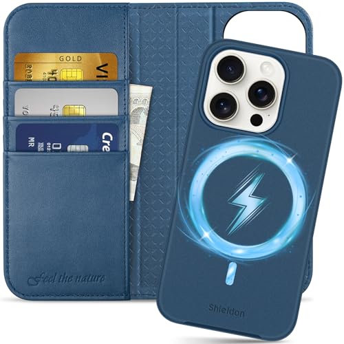 SHIELDON Hülle für iPhone 15 Pro, Echtleder Handyhülle [Abnehmbar] [kabelloses Laden] [Kartenfach] [Ständer] [RFID Blocker] 2 IN 1 Klapphülle Kompatibel mit iPhone 15 Pro 5G 6,1 - Königsblau