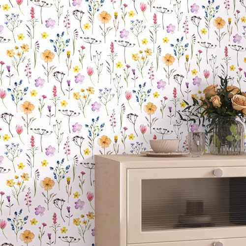 VaryPaper Pink Floral Self Adhesive Wallpaper 44.5cmx200cm White Sticky Back Plastic Flower Prints Wall Mural Sticky Back Wallpaper for Living Room Bedroom Modern Furniture Wrap Lining Paper