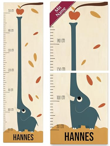 Messlatte Kinder - Süßer Elefant mit Name und langem Rüssel Afrika Dickhäuter Elefanten Wachstumsmesslatte Niedlich - 90-150 cm - Holz - baby