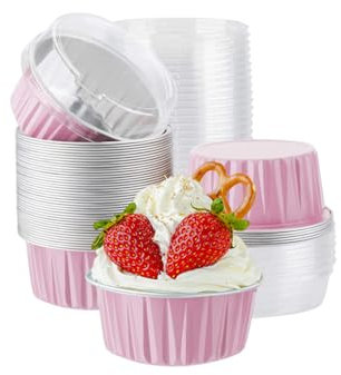 CURTEK Confezione da 100 pirottini da forno in alluminio con coperchio, 141,7 g, per dessert, muffin, mini teglie usa e getta, per torte, cupcake, muffin, per matrimoni, compleanni, contenitori