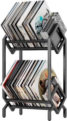 KEYSAFER Vinyl Record Storage Holder CD Rack 12 inches Album Holder Metal CD Display Stand Holds up to 160-200 LP, Book and Record Album Storage and Organizer,Easy to Assemble (Double)