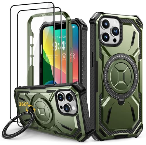 Lanhiem für iPhone 14 Pro Max Hülle, 360° Ring Ständer, Stoßfest, Grün