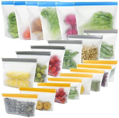20 Pack Dishwasher Safe Reusable Storage Bags, Stand Up Reusable Sandwich Bags, BPA Free Leakproof Gallon Freezer Bags, Silicone Food Storage Bags for Candy, fruits, Cereal, Home Organization