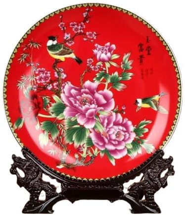 EODLAPEK Bright Red Chinese Style Peony Flower Plant Ceramic Decorative-Plates Home Wobble-Plate with Display Stand Decoration Household Decorative