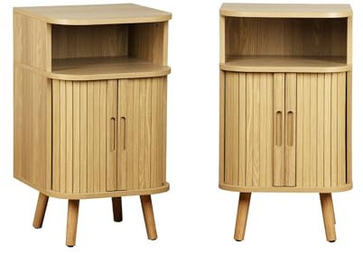 sweeek - Lot de 2 Tables de Chevet 2 Portes coulissantes + 1 Niche Effet Bois rainuré. L 40 x P 40 x H 70cm
