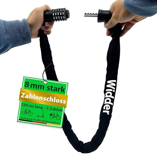 WIDDER Sicheres 8mm Kettenschloss mit Zahlencode (120cm lang, extra-große Zahlenräder, gehärtete Stahlkette) - Zahlen Fahrradschloss hohe Sicherheit - Zahlenschloss e Scooter e-Bike Fahrrad Schloss
