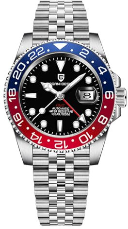 Pagani Design Men's GMT Automatic Mechanical Watch 100m/bar Waterproof Ceramic Bezel Sapphire Glass Luminous Hands Watch (Jubilee-Blue and red)