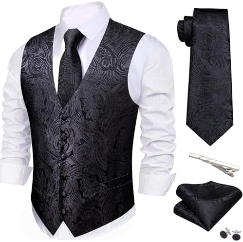 Barry.Wang Black Mens Suit Vest Formal/Casual Silk Flower Jacquard Tie 5PCS