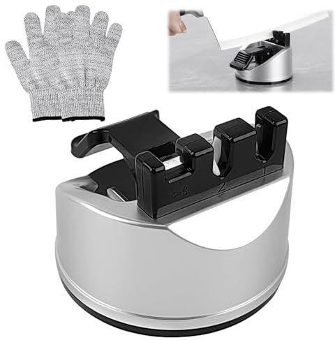Afilador de cuchillos YNHJQP con 3 ranuras, afilador de cuchillos profesional portátil con ventosa y guantes a juego, ideal para cuchillos y tijeras de cocina