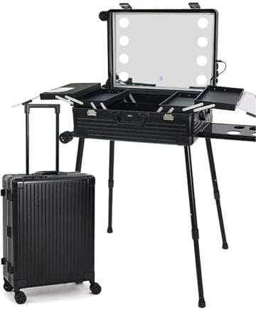 Kosmetikkoffer auf Rollen, Schminkkoffer auf Trolley, professioneller Schminkkoffer aus Aluminium mit LED-Licht, Schminkkoffer auf Rollen mit Beinen für Make-up-Artisten, Friseure, Nagelstud