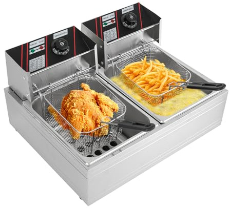 Fritteusen Doppel Tank Fritteuse Edelstahl mit Temperaturregelung 60-200℃ für Frittierkorb und schnelle Heizung ideal für Restaurant Café oder Snack-Bar