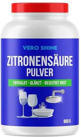 Vero Shine Zitronensäure Pulver zum Putzen (800g), Citric Acid Powder, reine Citronensäure Lebensmittelqualität zum Entkalken, Entrosten und Polieren