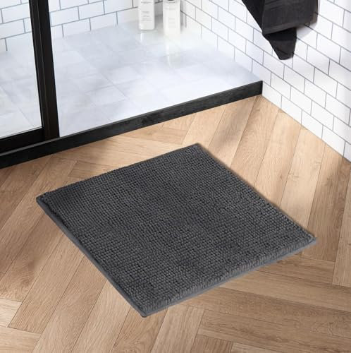 Brentfords Noodle Bath Mat Non-Slip Chenille, Extra Soft Square Bathroom Mat High Absorbency Quick-Drying Bathroom Rug Machine-Washable Bath Rug Foot Mat, Charcoal-45x45cm