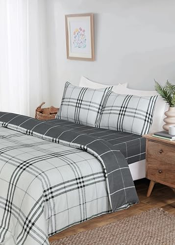 Rapport Home Full Bedding Set with Matching Fitted Sheet and Pillowcase Check Pattern Double Duvet Cover Set