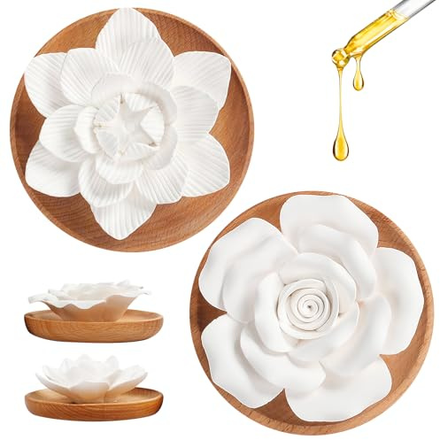 PORFOYO 2er Set Duftsteine für Ätherische Öle – Lotus & Rose, Holzuntersetzer, Diffuser für Auto, Schlafzimmer, Wohnzimmer, Büro & Spa