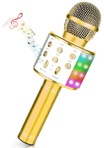 Micrófono Karaoke Bluetooth,Microfono Inalámbrico Karaoke con Altavoz y LED,Micrófono Portátil para Niños Canta Partido Musica,Dinámicos Juguetes para Niña,Soporte Youtube, Android/iOS/PC/A (Dorado)