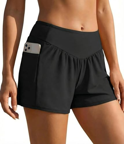 Ekouaer Shorts de Natación y Baño para Mujer Mujeres Secado Rápido Shorts de Baño de Verano con Bolsillo Shorts de Cintura Alta S-XXL | Doble capa con calzoncillo interior boxer, cintura elástica ancha, bolsillos laterales, pierna ancha, más deportivo
