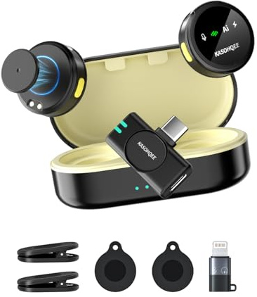 KASOHQEE Micro cravate sans fil pour iPhone 16/15/14/13, iPad et Android, mini micro magnétique à clipser avec étui de charge, 30 heures de lecture, micro cravate à revers pour Vlog TikTok, réduction