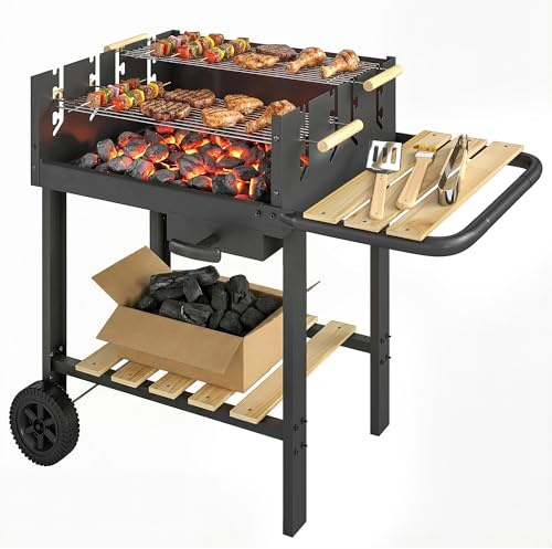 Outsunny Barbecue au Charbon de Bois avec 2 Grilles Réglables Roues Noir