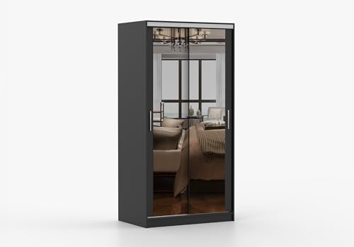 Fabryka Mebli Idźczak Schwebetürenschrank 100 cm breit Schwarz mit Spiegel, Metallführungen Rollenlauf, Kleiderstange Einlegeböden, 16 mm Laminatplatte, Schlafzimmer Ankleide