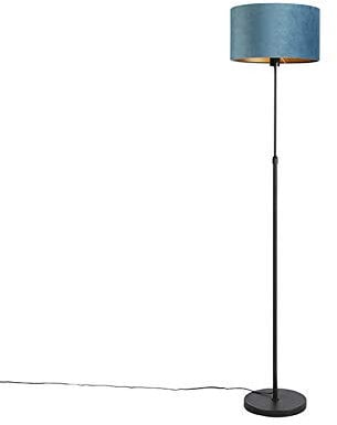QAZQA - Landhaus I Vintage I Rustikal Stehleuchte I Stehlampe I Standleuchte I Lampe I Leuchte schwarz mit Veloursschirm blau mit Gold I Messing 35 cm - Parte I Wohnzimmer I Schlafzimmer - Stahl Zylin