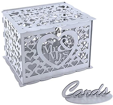 Benjia Hochzeit Geschenkkartenbox Geschenkkarten Box, Vintage groß Holz Kartenbox Karten Geld Box Briefbox mit Schloss Schlitz für Hochzeit Geburtstag danke (Mr & Mrs, Silber)