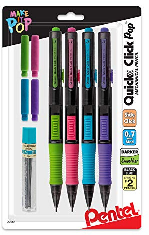 Pentel Quick Click Pop Mechanical Pencil, (0.7mm) Medium 2B Lead, with 2B Lead and (2) Eraser Refills, 4-PK (PD217ALEBP4)