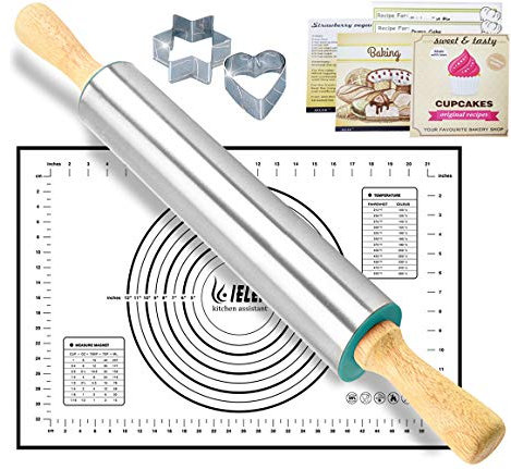 IELEK Rolling Pin and Silicone Baking Pastry Mat Set for Baking:Combo Kit of Nonstick Dough Roller Cookie Cutters for Bake Pie Crust,Pasta,Pizza