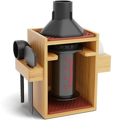 HEXNUB – Compact AeroPress Organizer Stand, Bamboo Coffee Caddy for AeroPress Coffee Maker, Accessories, Filters, Cups, Includes Mats - Brown