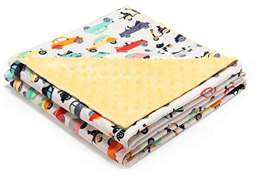 Babydecke, Fleecedecke 80x90cm, 100% Baumwolle Doppelseitig Multifunktional Kuscheldecke als Kinderwagendecke, zum Pucken, Erstlingsdecke für Neugeborene (Gelb - Auto)
