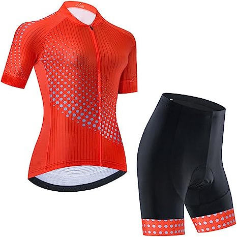 Damen Radtrikot Set Atmungsaktiv Rennrad Shirts Kit Kurzarm Radbekleidung mit Gel Gepolsterte Trägerhose, Höhe: 25 cm, M