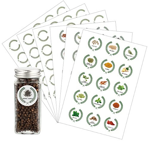 Lot de 120 étiquettes rondes pour pots à herbes et épices de 40 mm de diamètre, 60 étiquettes autocollantes imperméables avec motifs et 60 autocollants vierges