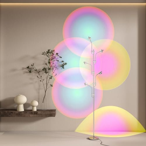 TACAHE RGBW Halo Projector Floor Lamp - 4000K LED with Replaceable Color Filters - Light and Shadow Mood Light - Multi-Head Ambient Decor Lighting for Bedroom, Living Room - 73 - 12W - Chrome
