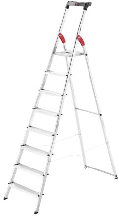 Hailo L60 StandardLine | Aluminum Folding Stepladder | Eight Steps | Integrated Multifunctional Storage Tray | Stable tie bar Guide | Patented HAILO Hinge Protection | Rustproof | Silver (9204016006)