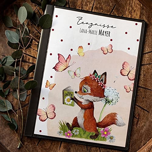 Zeugnismappe mit 20 Folien Fuchs Füchschen mit Buch Pusteblume Schmetterlinge personalisierbar Schulanfang Schulanfänger Einschulung Wunschname zm09 - ausgewählte Größe: *Zeugnismappe 20 Folien*