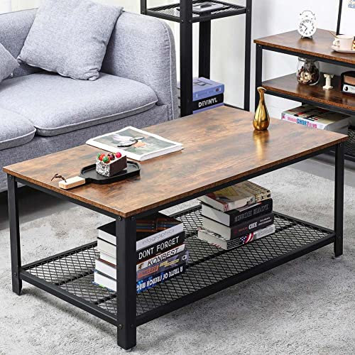 BAKAJI Tavolino Divano Tavolo caffè da Salotto Rettangolare Design Moderno Industriale Struttura in Metallo con Ripiano Inferiore Piao d'appoggio in Legno MDF Scuro Dimensione 106 x 60 x 45 cm