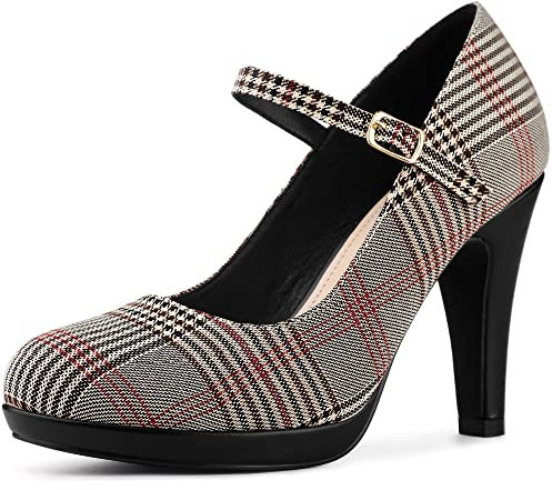 Allegra K Women's Houndstooth Platform Stiletto Heels Mary Janes Pumps, Brown, 6 UK
