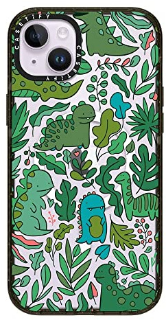 CASETiFY Impact iPhone 14 Plus Case [4X Military Grade Drop Tested / 8.2ft Drop Protection/Compatible with Magsafe] - Funny green dinos. Cute dinosaurs - Clear Black