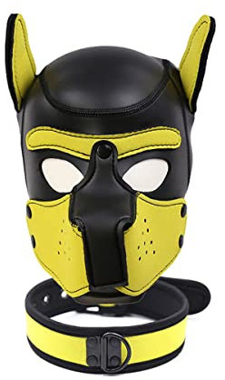 YiQin RWSX Hundemaske mit Kragen, Weiche Latex Petplay Hundemaske mit Ohren Welpenmaske Hunde Masken, Abnehmbarer Mund, Geeignet für Halloween, Urlaubsparty (L, Gelb)