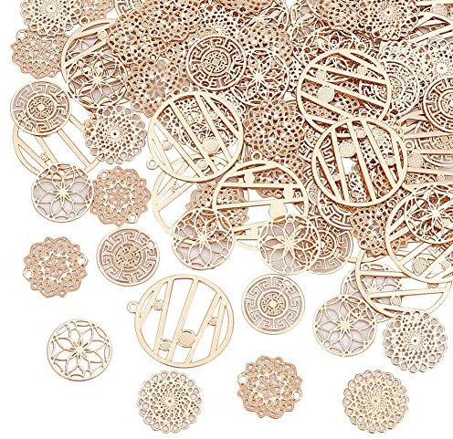 HOBBIESAY 100 Stück 5 Stil Messing Filigrane Verbinder Charms 13 22mm Rund Geätzte Metallverbinder Links Hellgoldene Hohle Anhänger Für DIY Haarnadel Kopfbedeckung Ohrring Halskette Bohrung:1.2mm