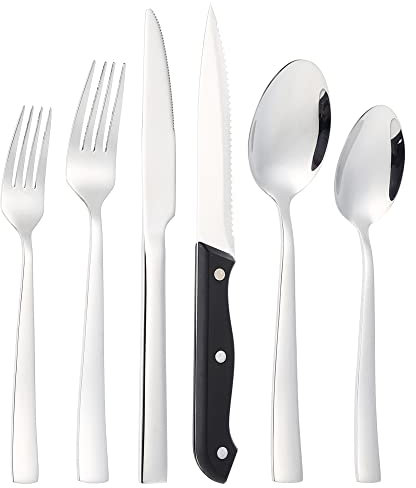 JGJGJG Ensemble de couverts,Couverts de table pour 6 personnes, Ménagère 36 pièces, couverts avec couteau, fourchette, cuillère, couteau à steak, passe au lave-vaisselle