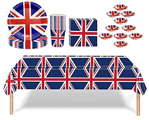 Lizzy Union Jack Tableware Set 10 Plates, 10 Bowls, 10 Cups, 20 Napkins & 01 Tablecloth | Royal Event Lunch Dinner Table Decoration Accessories Party