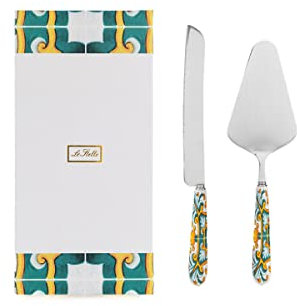 Tagliatorta con manico in ceramica colorata e decorata con astuccio, set paletta e coltello per dolce, torta, ngl 061